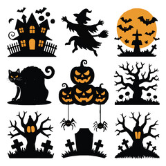 Silhouettes of spooky halloween elements, including a haunted house, witch, moon with bats, cat, pumpkins, trees, spiders, and tombstones
