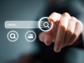 A hand interacting with a digital search bar interface