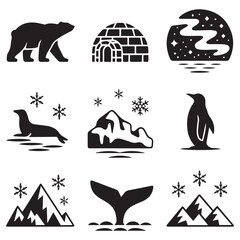 A collection of arctic and antarctic themed icons including a polar bear, igloo, seal, penguin, whale tail, and snowy mountains isolated on white background
