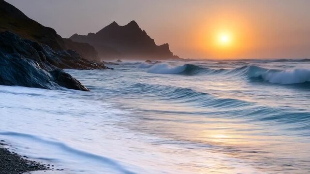 Dramatic Coastal Sunset Waves Crashing on Rocky Shoreline with Mountain Silhouette.