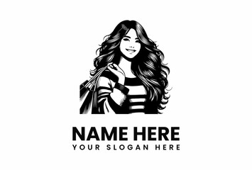 Smiling Woman with Shopping Bags Black and White Illustration.