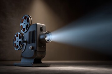 Vintage film projector casting beam of light in dark room