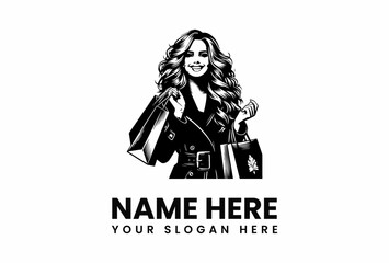 Smiling Woman with Shopping Bags Stylish Coat and Curly Hair.