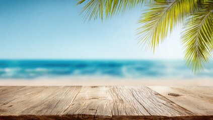 Fototapeta premium Wooden beach table top with palm trees