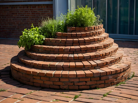 Brick planter with Lush greenery: An eye-level shot showcasing a unique, multi-tiered brick planter, elegantly crafted with red bricks and overflowing with an abundance of green, verdant plants.