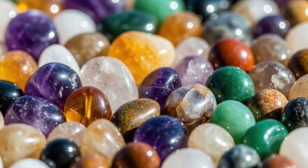 Collection of colorful, polished gemstones and crystals close up