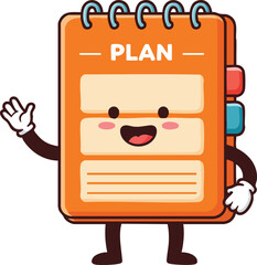 Orange cartoon planner notebook character waving hand smiling cheerful vector illustration 