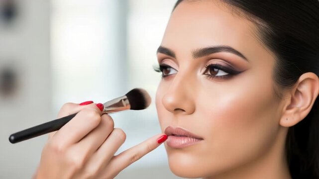 A professional makeup artist applies foundation to a young womans face with a large fluffy brush in a brightly lit studio