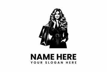 Stylish woman with shopping bags in a belted coat black and white vector.
