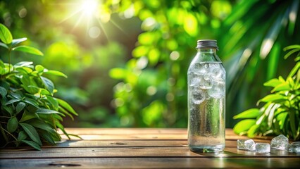 A clear glass water bottle filled with ice and sitting on a wooden table surrounded by lush greenery and natural elements, refreshment, wellness