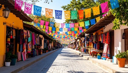 Fototapeta premium Colorful street market scene in a Mexican town. Vibrant displays of textiles line a paved road, adorned with brightly colored papel picado banners