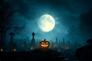 A halloween pumpkin glowing in a graveyard under a full moon on a dark and spooky night scene view