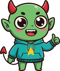 Cute green cartoon devil character wearing blue hoodie giving thumbs up cheerful expression vector illustration 