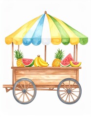 Colorful Fruit Cart Watercolor Painting with Tropical Fruits