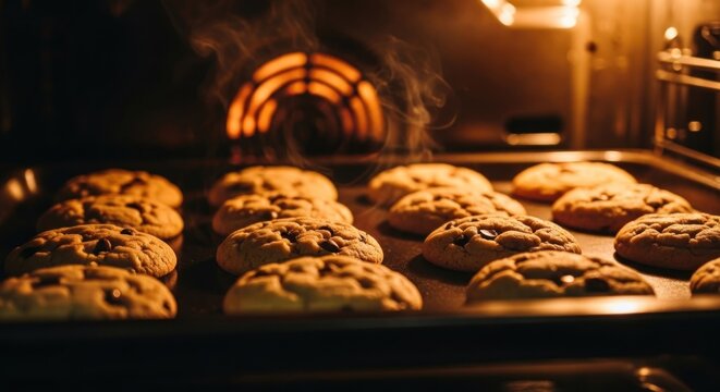 Cookies bake in a hot oven, steam rising from the tray
