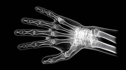 An x ray image showing the bones of a hand with fingers and wrist against a black background in grayscale