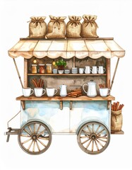 Vintage Blue Coffee Cart with Burlap Sacks and Cinnamon Sticks