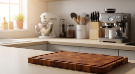 Cozy kitchen interior with a wooden cutting board in the foreground