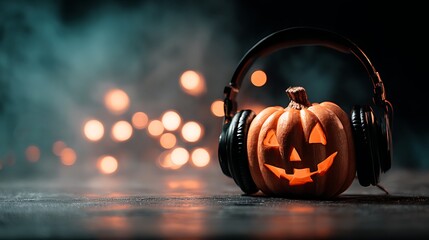 A jack o lantern wearing headphones with bokeh lights in the background on a dark surface scene view
