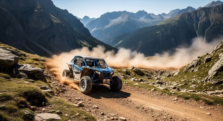 Blue off-road buggy kicks up dust on a mountain track. Sport utility vehicle racing extreme terrain. Dynamic stunt and adventurous driving experience.