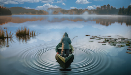 Fisherman casting line on misty lake