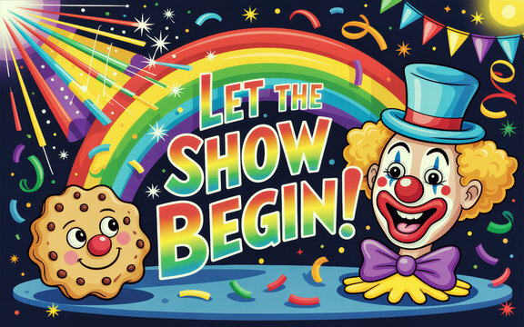 Clown and cookie celebrating with rainbow background