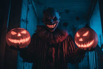 A scary clown holding two illuminated jack o lanterns in a dark and eerie halloween scene setting