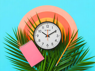 An illustration of a vibrant office workspace featuring a calendar and clock.