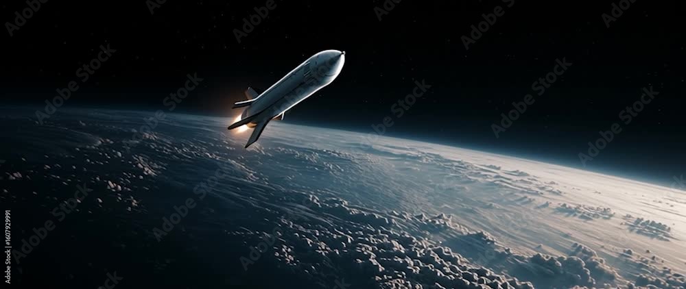 Wall mural anamorphic video rocket in space with earth background. view from space. the rocket flies and rotate