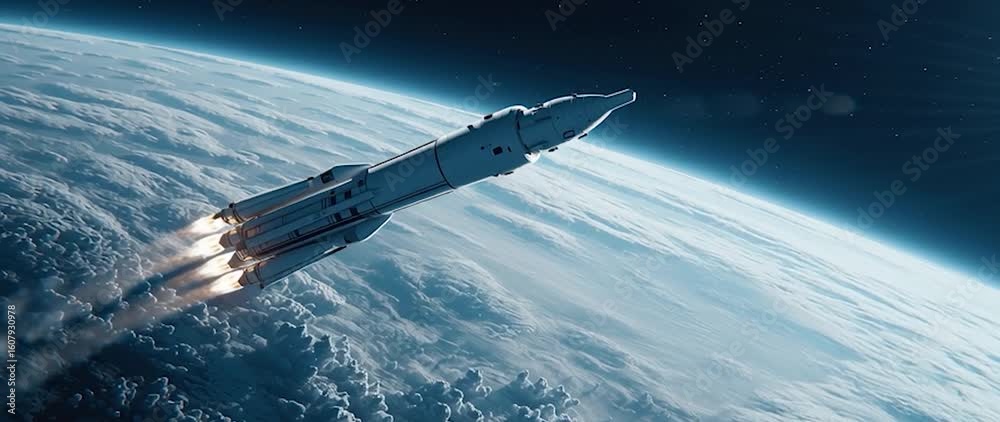 Wall mural anamorphic video rocket in space with earth background. view from space. the rocket flies and rotate
