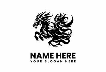 Stylized Black Dragon with Flowing Mane and a Woman Rider Silhouette.