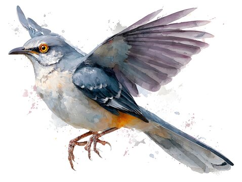 A watercolor illustration of a mockingbird in flight with its wings spread showing off beautiful colors.