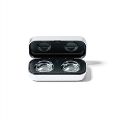 Fototapeta premium Open wireless earbuds case, light gray metal