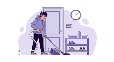 Young Man Doing Housework Vacuuming While Listening To Music At Home