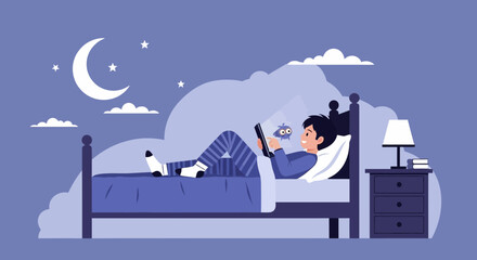 Young Man Enjoying Digital Tablet In Bed At Night With Moonlight