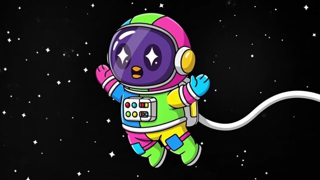 Colorful Cartoon Astronaut Floating in Space with Stars.