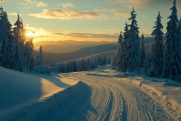 The sun descends at winter's close, casting a golden hue over a snowy road in the frozen forest
