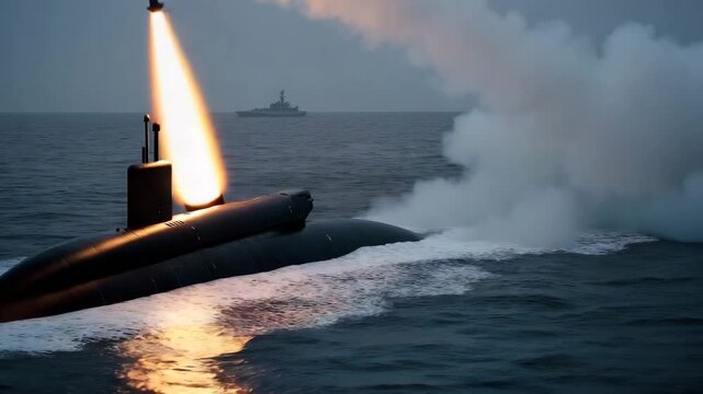 Submarine launches missile in naval military exercise demonstrating power and capabilities