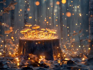 The scene depicts an enchanted forest with mushrooms flourishing, and an ancient sword shining in the mystical light