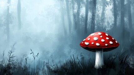 Fantasy mushroom art captures a vibrant red amanita muscaria mushroom with bioluminescent white spots in a mystical, neon-accented, futuristic forest