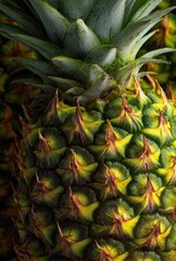 Close-up of a ripe pineapple shows green leaves and textured skin with yellow highlights