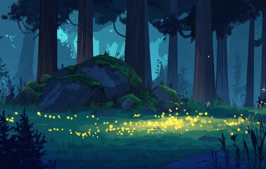 Faint, luminous sparks illuminating the secretive forest at dusk