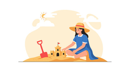 Young Woman Enjoying Summer Vacation Building Sandcastle On Sandy Beach