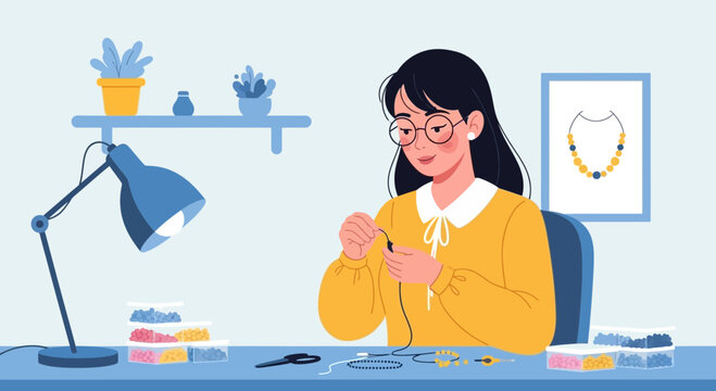 Young Woman Enjoys Making Handmade Jewelry At Home In Her Creative Studio - Powered by Adobe