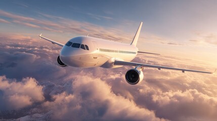 Obraz premium Modern Commercial Aircraft Flying Above Clouds at Sunset - Digital Aviation Illustration