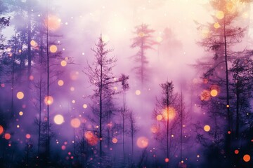 A mystical scene unfolds as a foggy pink forest is bathed in the gentle glow of magical firefly lights