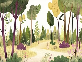 In a modern style, a cartoon fantasy forest with pink trees