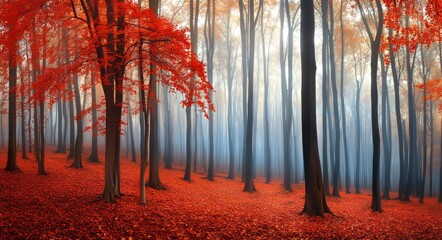 Autumn brings a mystical forest enveloped in blue fog. The enchanted trees, adorned with orange and red leaves, paint a vivid picture. A path cuts through this dreamy, foggy forest, enhancing its