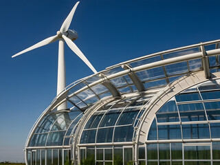 Fototapeta premium Sustainable energy Meets Architecture: A modern greenhouse with a transparent roof, harmoniously blended with a majestic wind turbine.