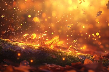 Enchanting forest with shimmering mushrooms and dancing fireflies at the onset of dusk